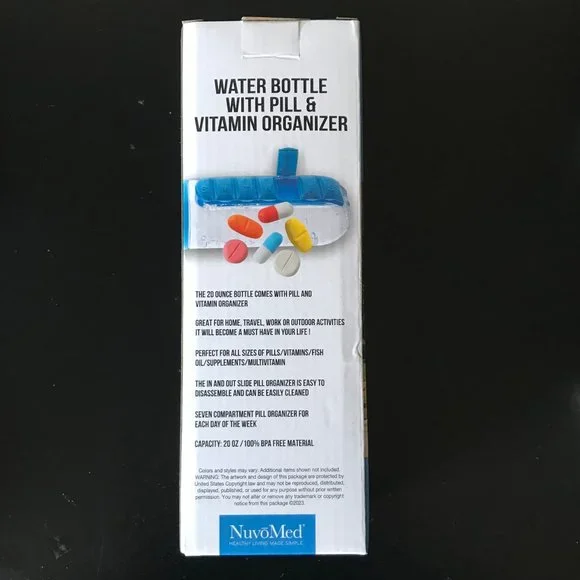 2 FOR $20, BLUE NUVOMED WATER BOTTLE WITH PILL AND VITAMIN ORGANIZER, BRAND NEW - Picture 3 of 4